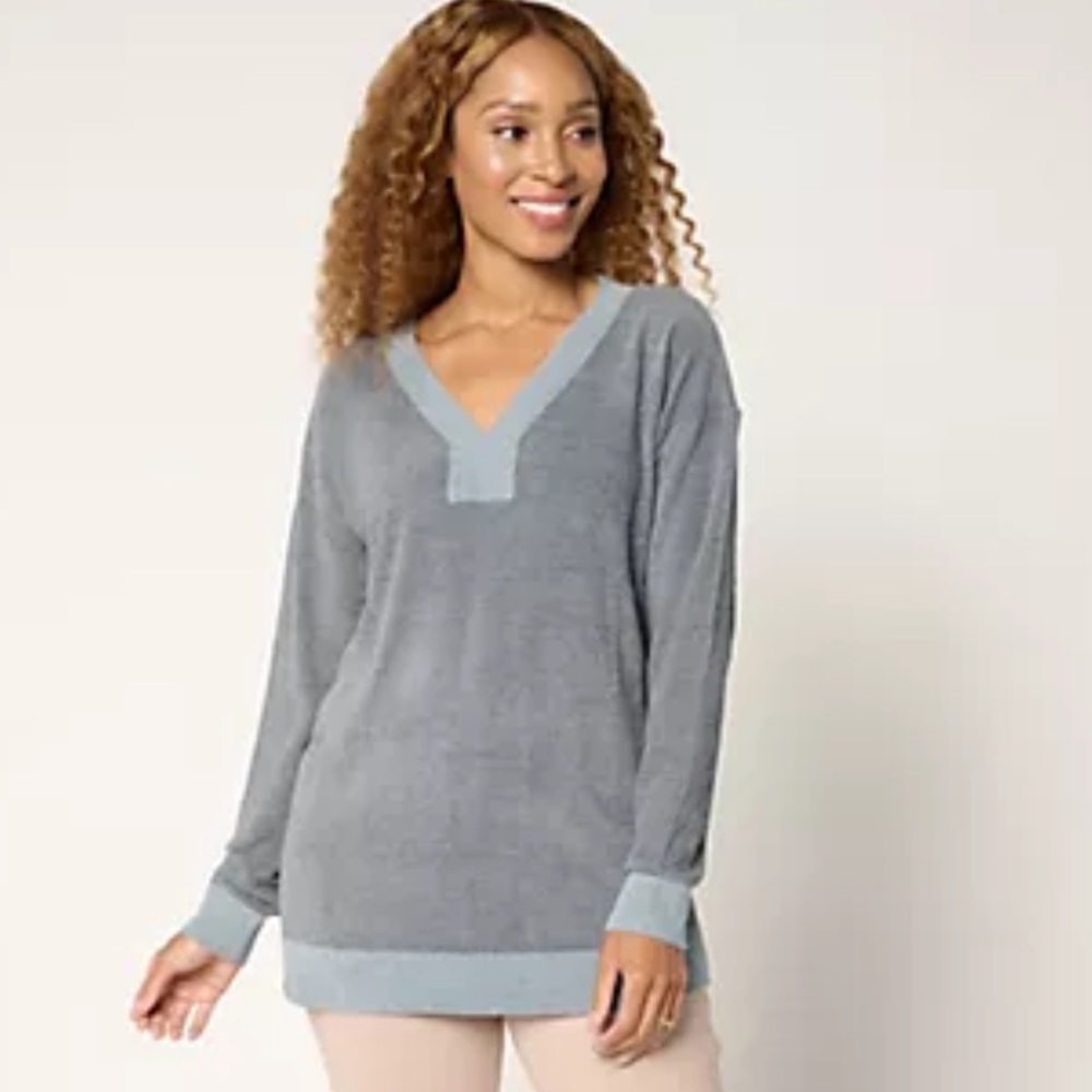 Barefoot Dreams CozyChic Ultralite V-Neck Sweater Women’s Size L Petite LP Blue